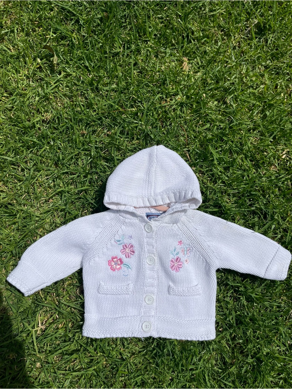 White Hooded Baby Cardigan with Pink Floral Embroidery